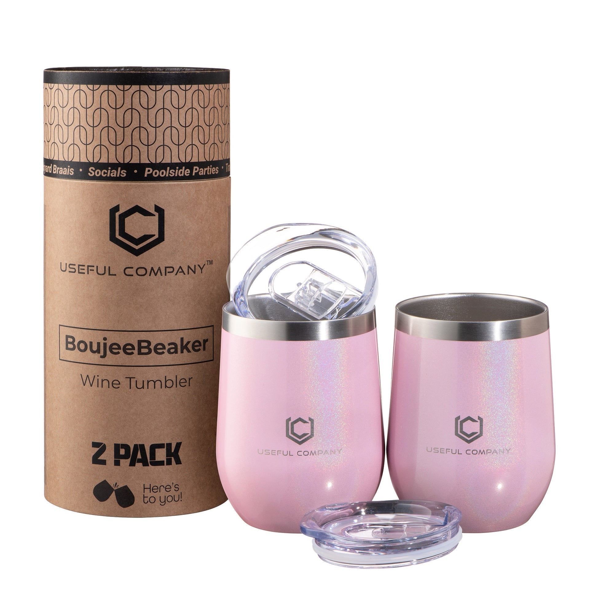 350ml, Shimmery Pink, Insulated Wine Tumbler Set with Rigid Tube Packaging by The Useful Company.