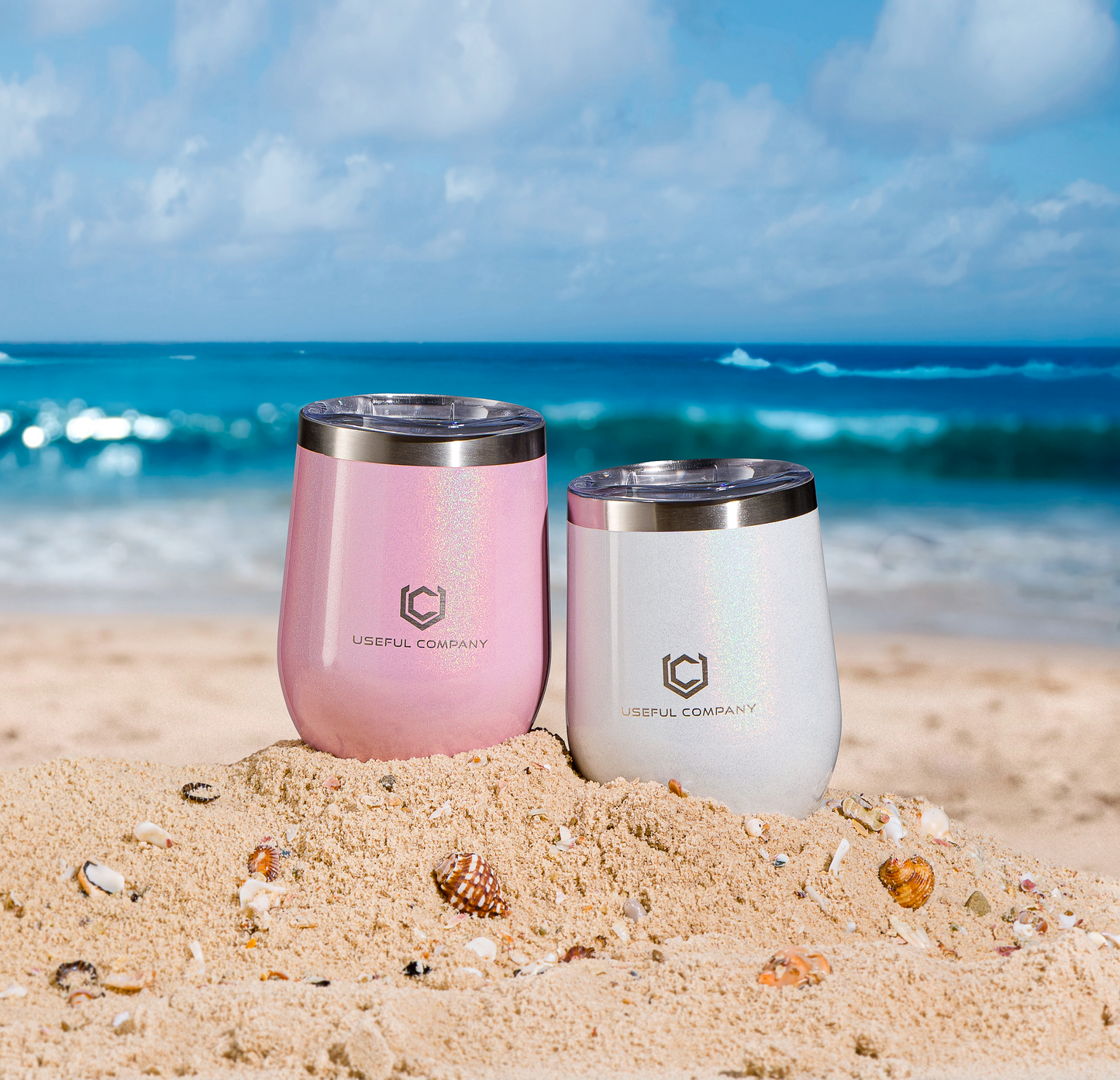 350ml, Shimmery Pink and White, Insulated Wine Tumbler Set by The Useful Company.