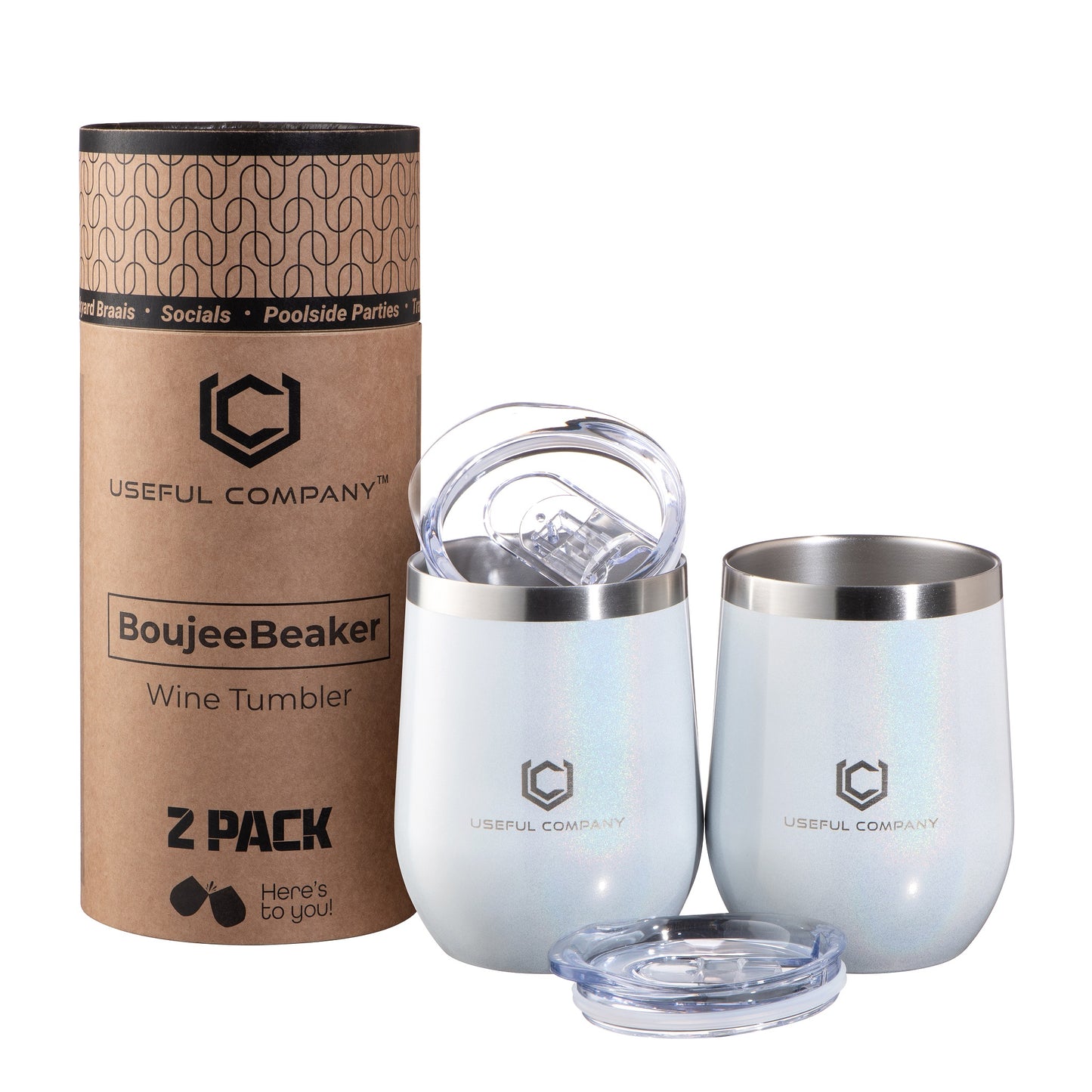 350ml, Shimmery White, Insulated Wine Tumbler Set with Rigid Tube Packaging by The Useful Company.