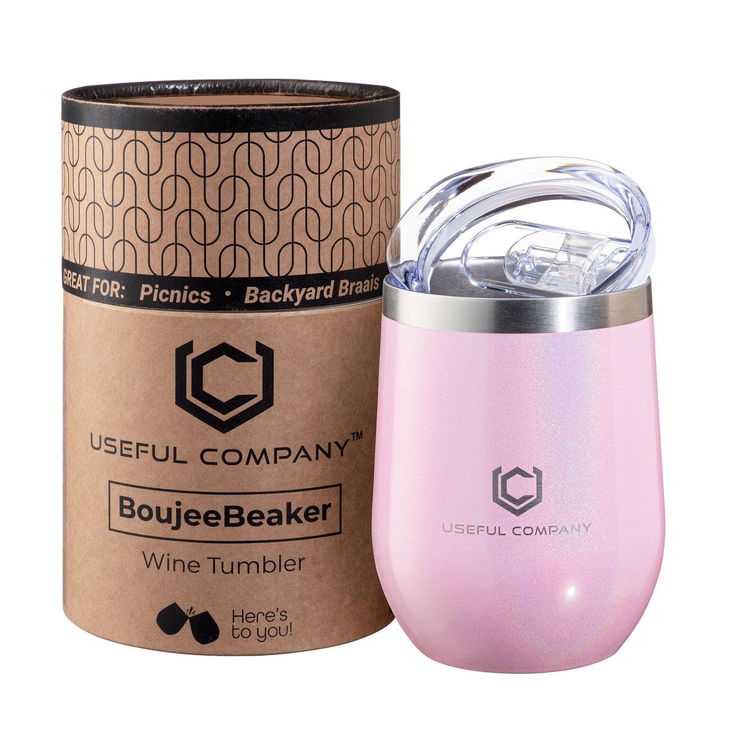 350ml, Shimmery Pink, Insulated Wine Tumbler with Rigid Tube Packaging by The Useful Company.