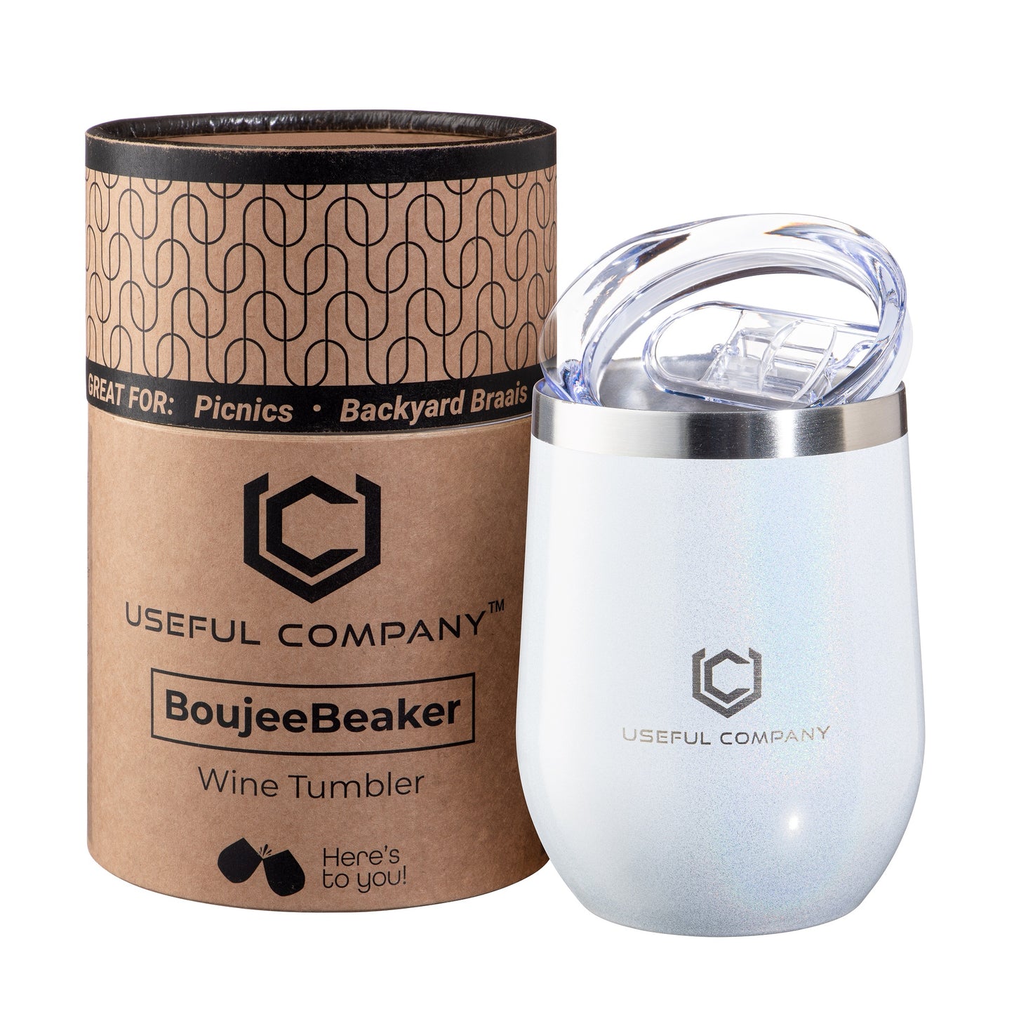 350ml, Shimmery White, Insulated Wine Tumbler with Rigid Tube Packaging by The Useful Company.